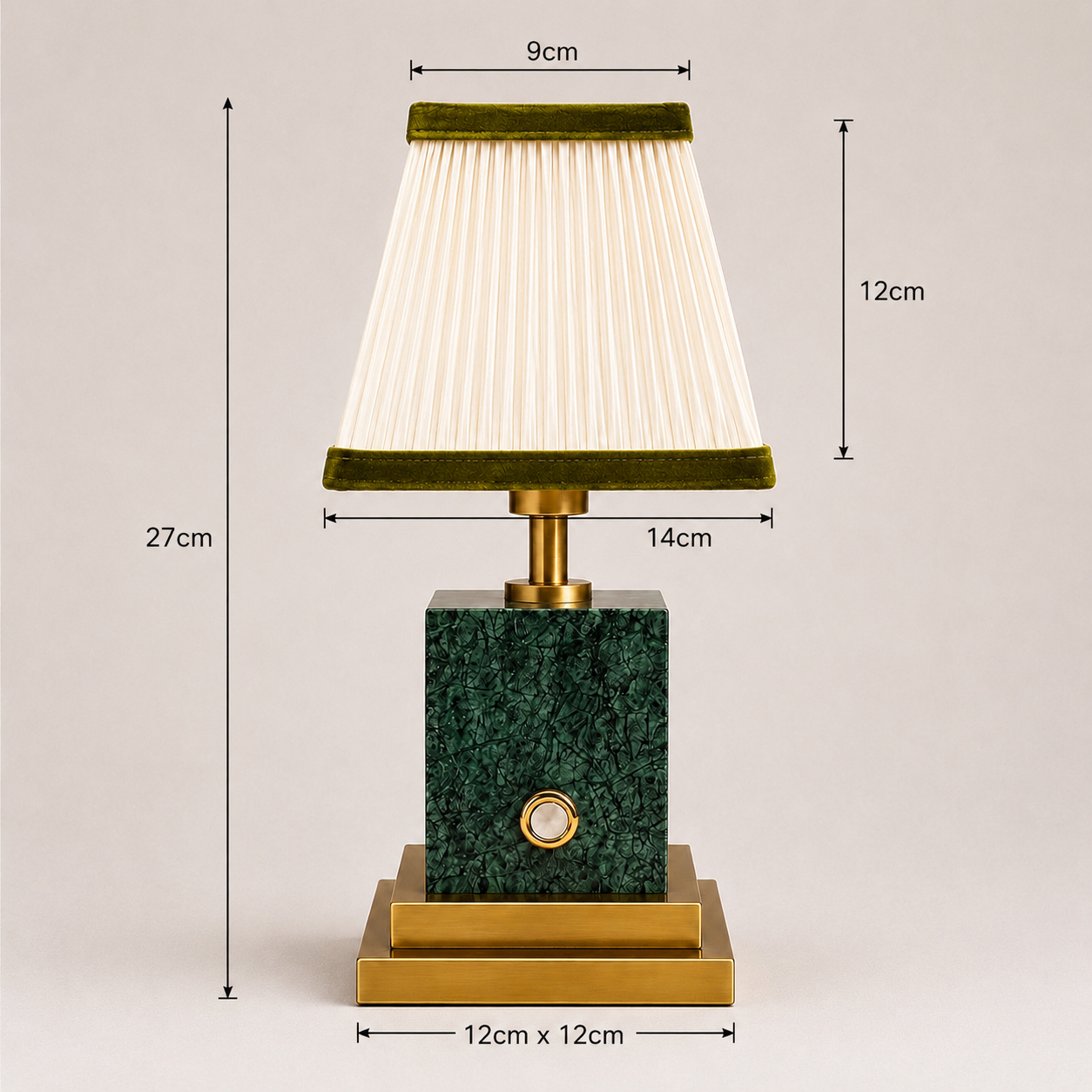 Green marble and brushed brass rechargeable lamp with ivory pleated shade