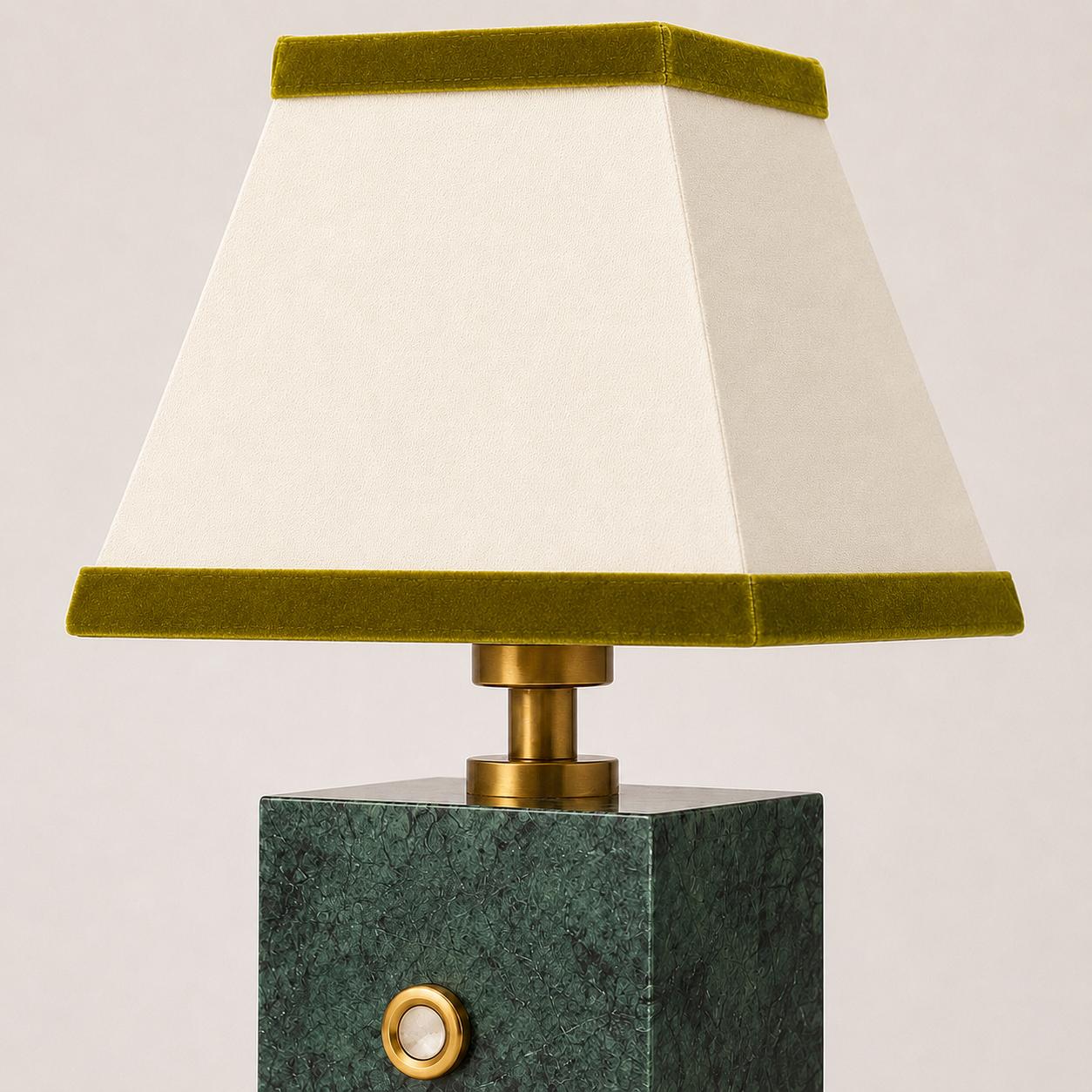 Green marble and brushed brass rechargeable lamp with linen and olive velvet shade