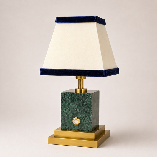 Green marble and brushed brass rechargeable lamp with linen and navy blue velvet shade