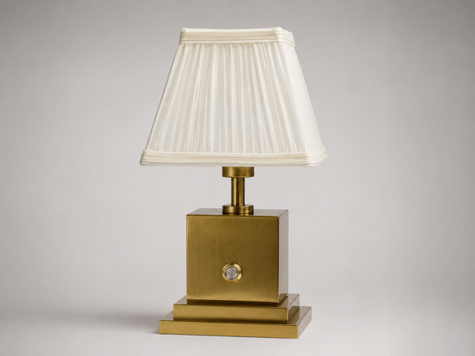 Brushed brass rechargeable table lamp with ivory pleated shade
