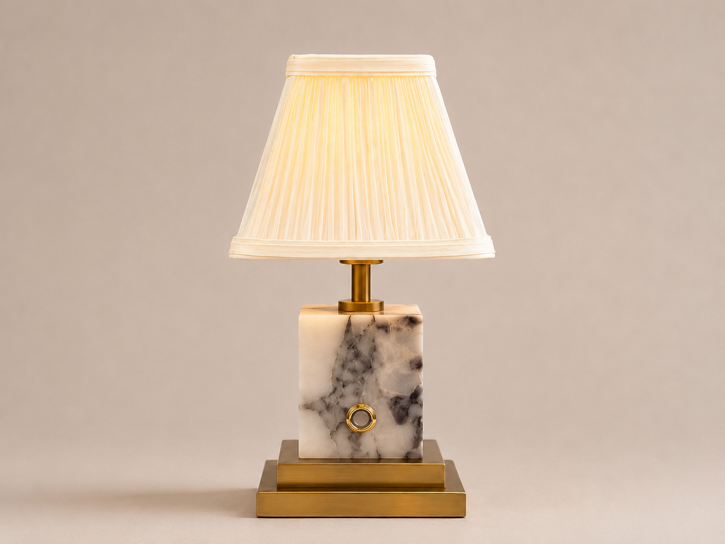 Arabascato marble and brushed brass rechargeable lamp with ivory pleated shade