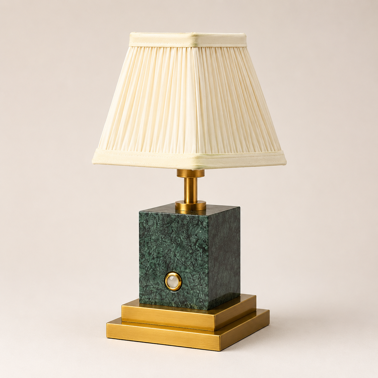 Green marble and brushed brass rechargeable lamp with ivory pleated shade
