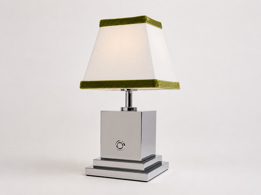 Chrome rechargeable table lamp with white linen and olive green velvet shade
