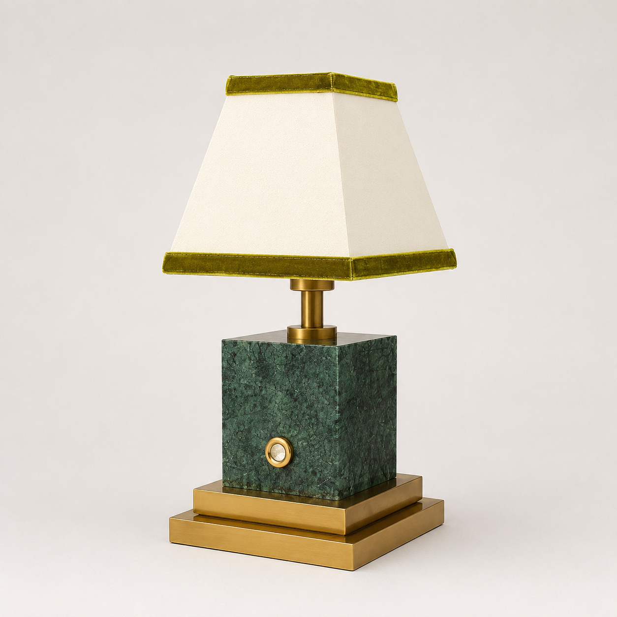 Green marble and brushed brass rechargeable lamp with linen and olive velvet shade