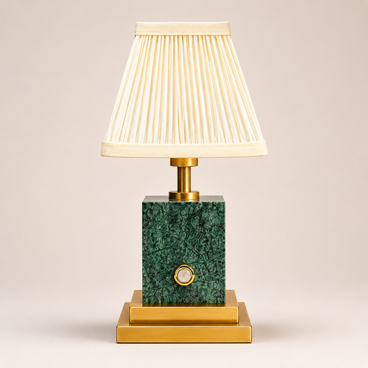 Green marble and brushed brass rechargeable lamp with ivory pleated shade