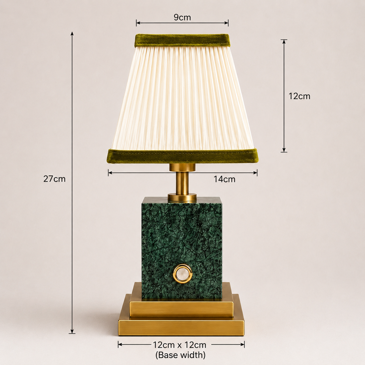 Red stone and brushed brass rechargeable lamp with linen and navy blue velvet shade