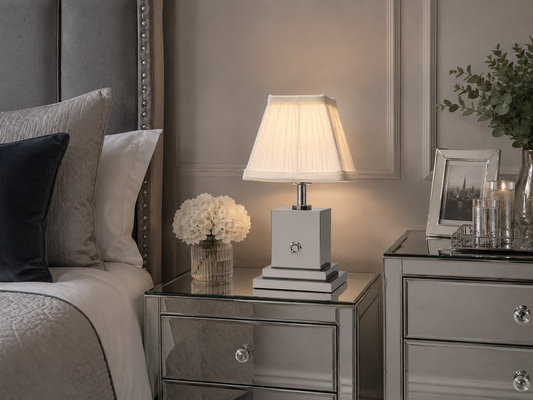 Chrome rechargeable table lamp with ivory pleated shade