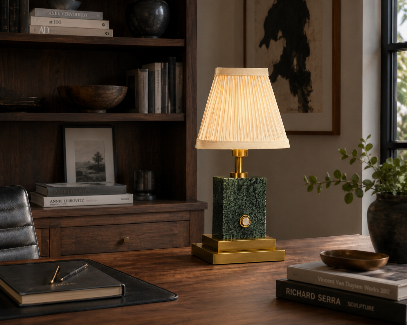 Green marble and brushed brass rechargeable lamp with ivory pleated shade