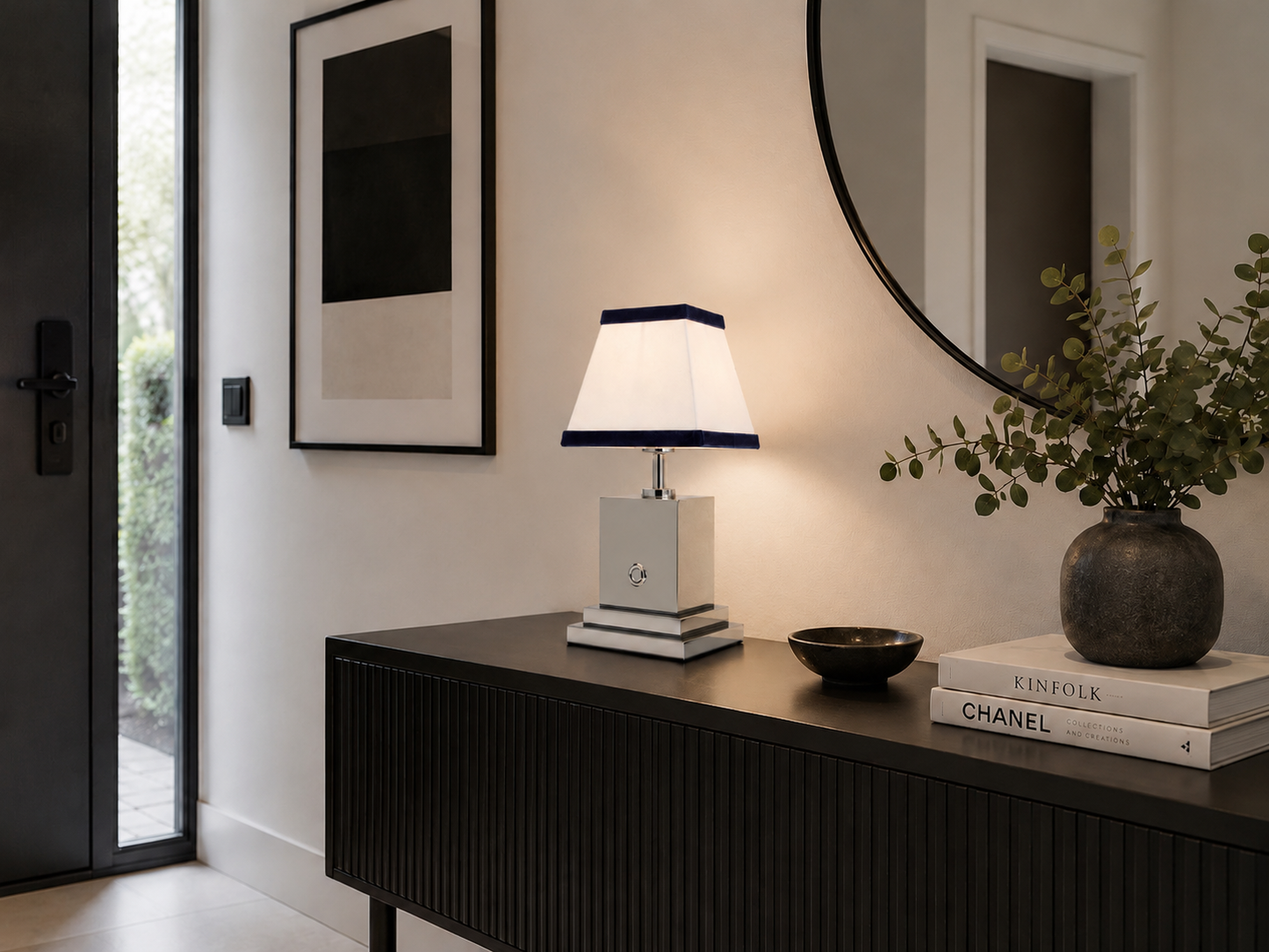 Chrome rechargeable table lamp with white linen and navy blue velvet shade
