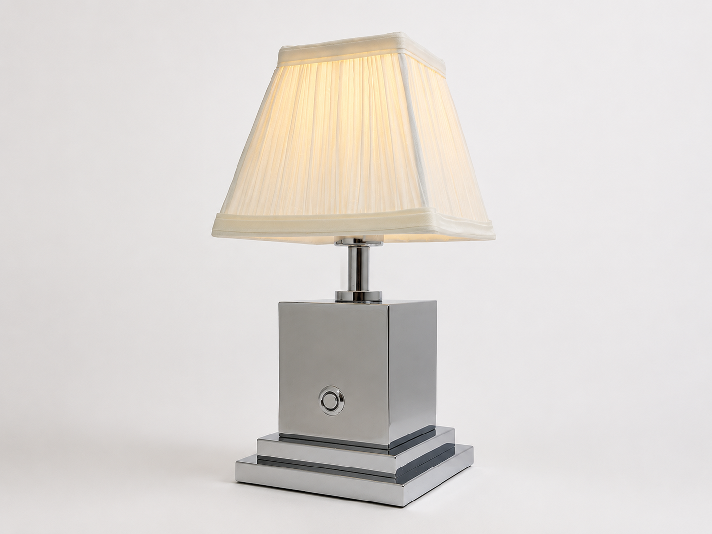 Chrome rechargeable table lamp with ivory pleated shade