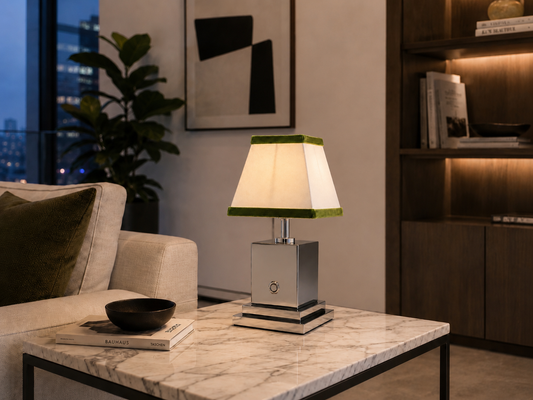 Chrome rechargeable table lamp with white linen and olive green velvet shade