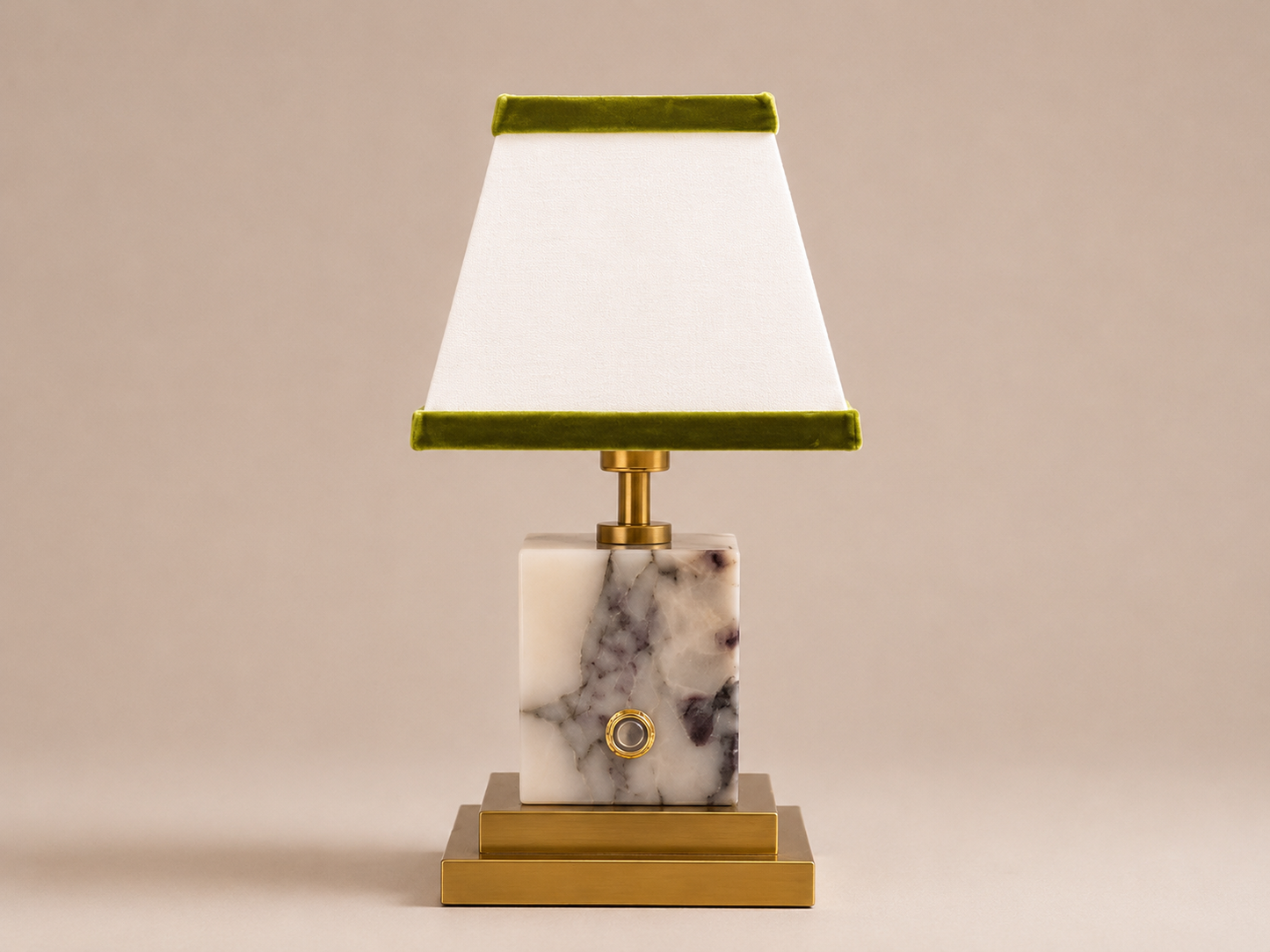 Arabascato marble and brushed brass rechargeable lamp with linen and olive green velvet shade