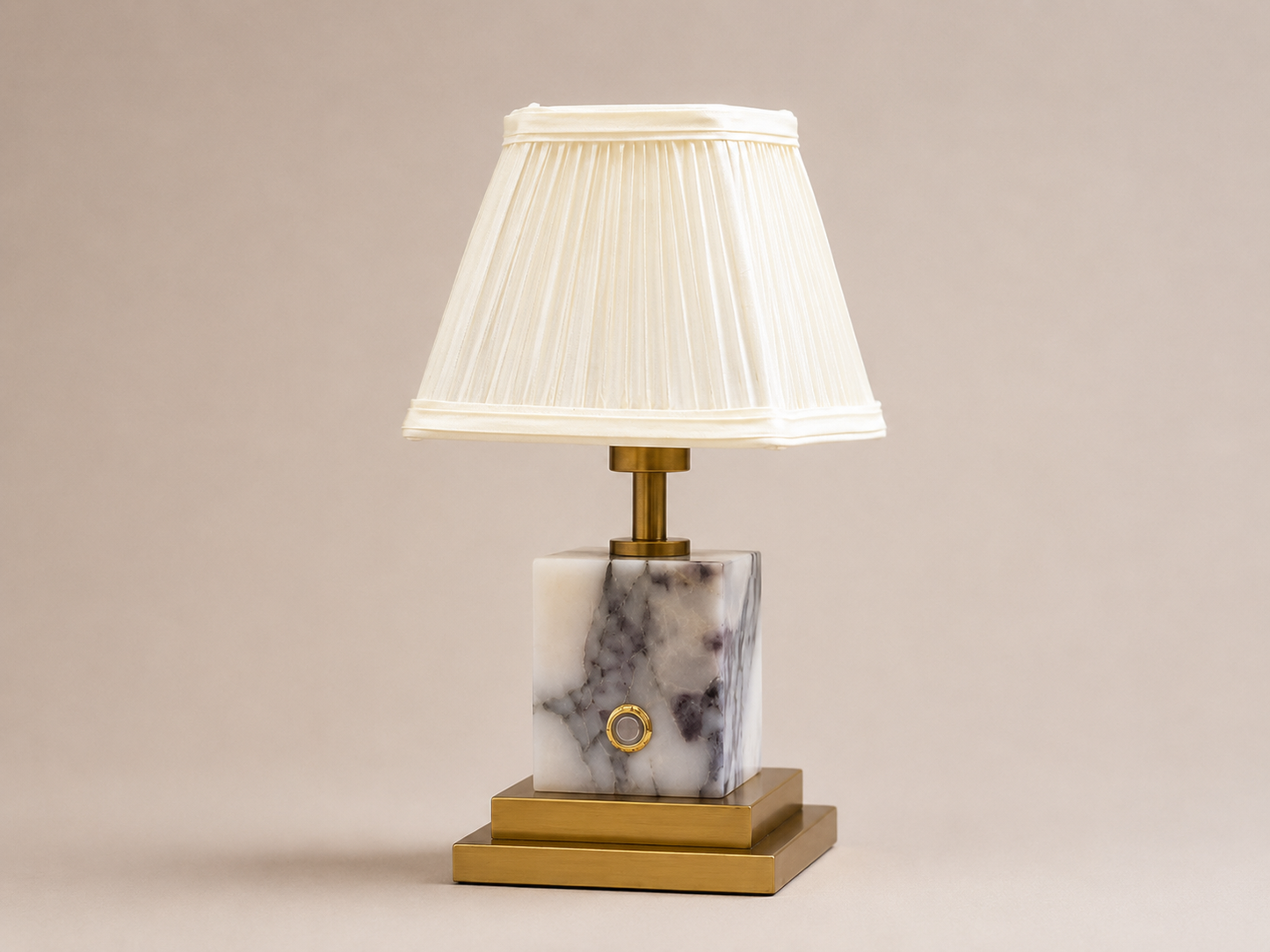 Arabascato marble and brushed brass rechargeable lamp with ivory pleated shade
