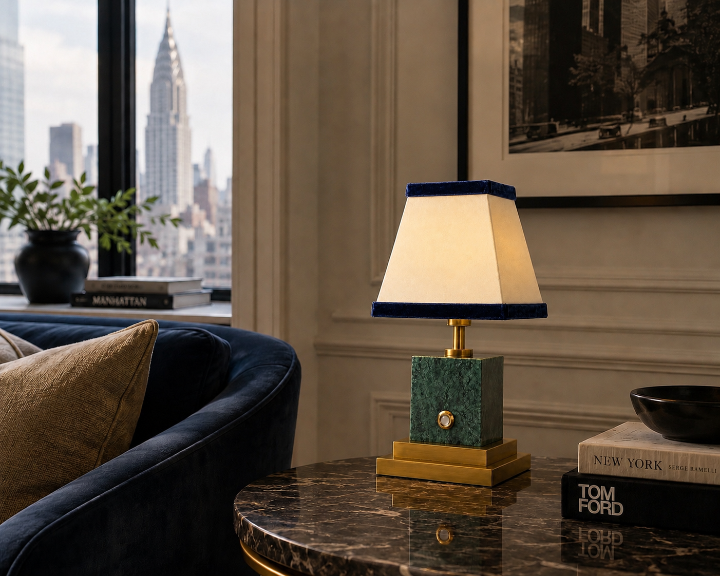 Green marble and brushed brass rechargeable lamp with linen and navy blue velvet shade