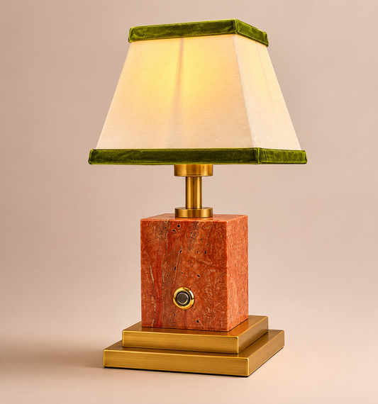 Red stone and brushed brass rechargeable lamp with linen and olive green velvet shade