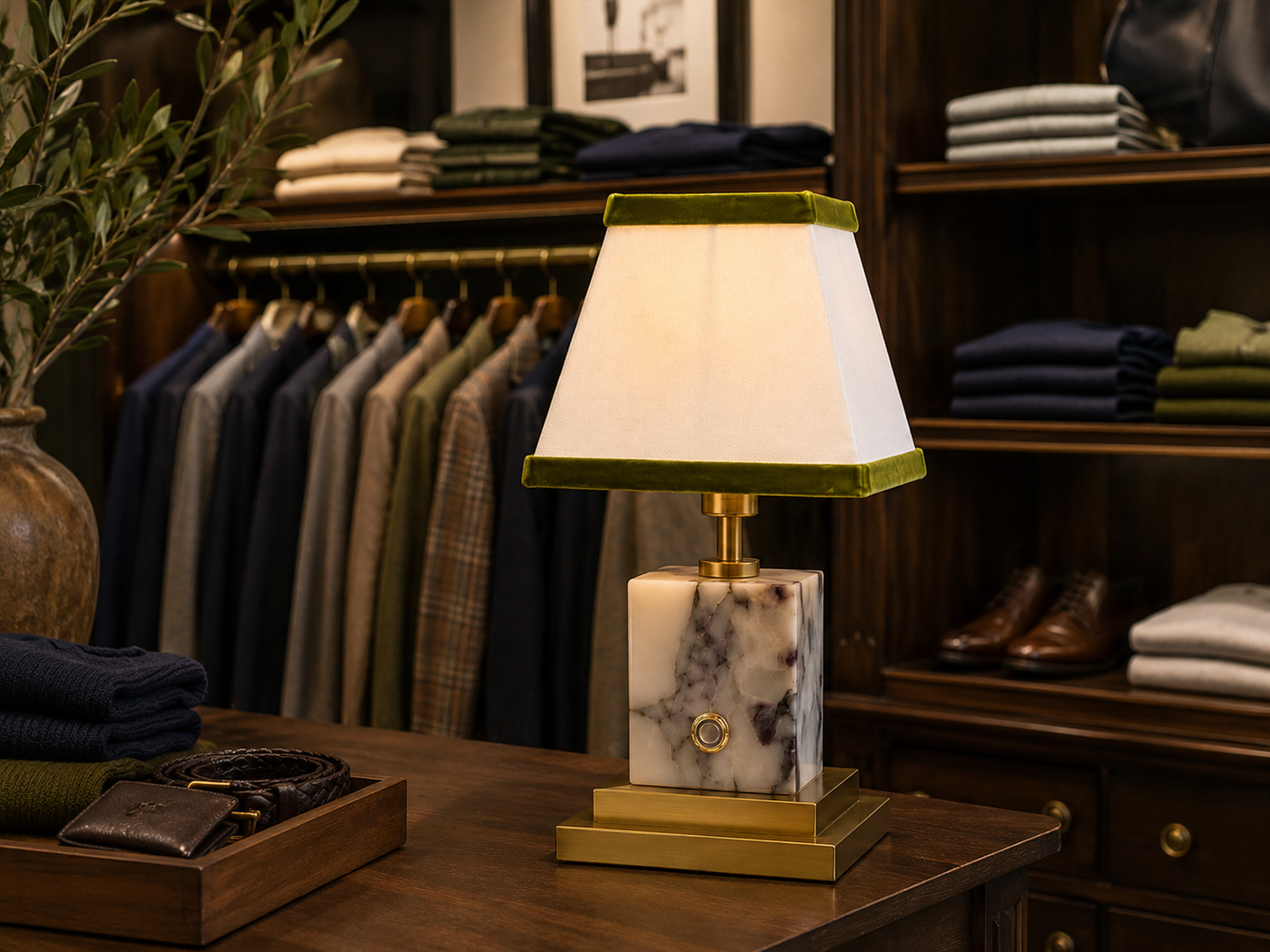 Arabascato marble and brushed brass rechargeable lamp with linen and olive green velvet shade