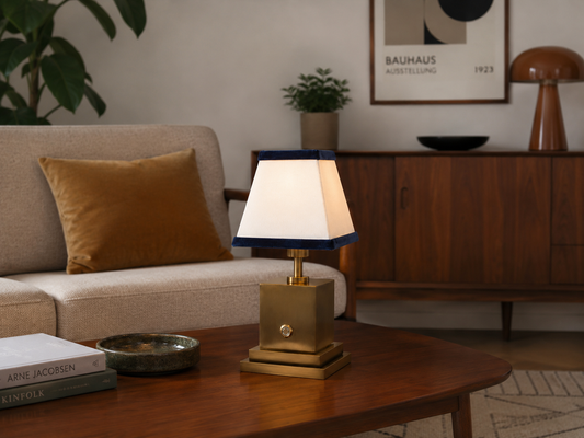 Brushed brass rechargeable table lamp with white linen and navy blue velvet shade
