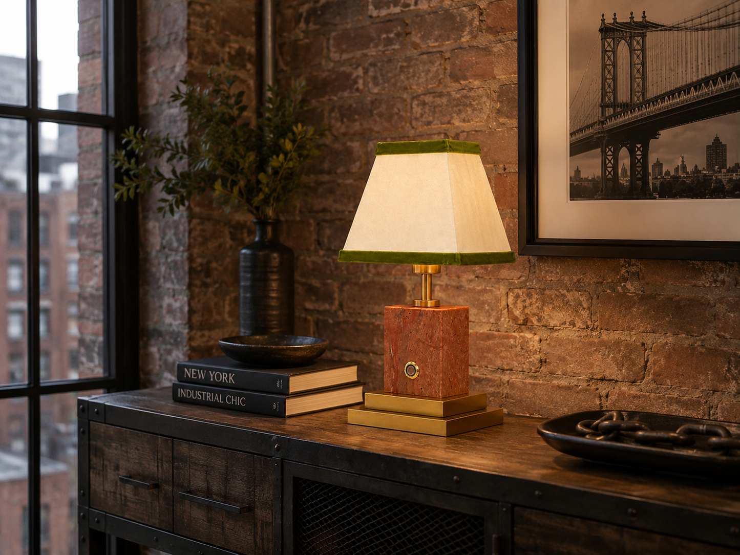 Red Stone & Brushed Brass Rechargeable Table Lamp - Choice Of Shade