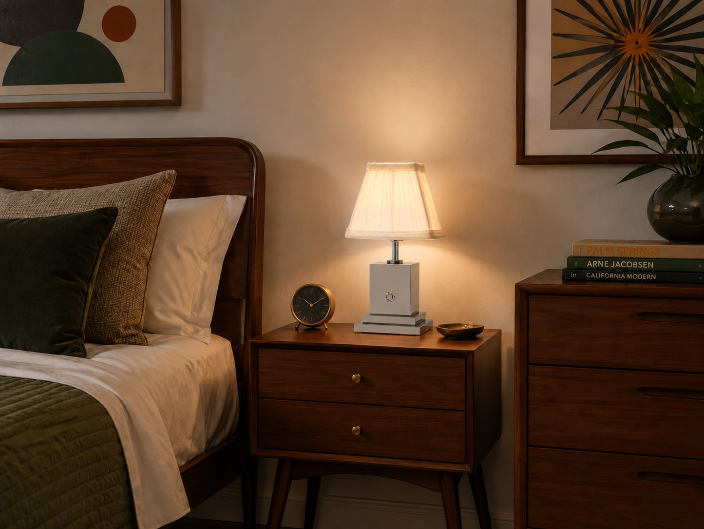 Chrome rechargeable table lamp with ivory pleated shade
