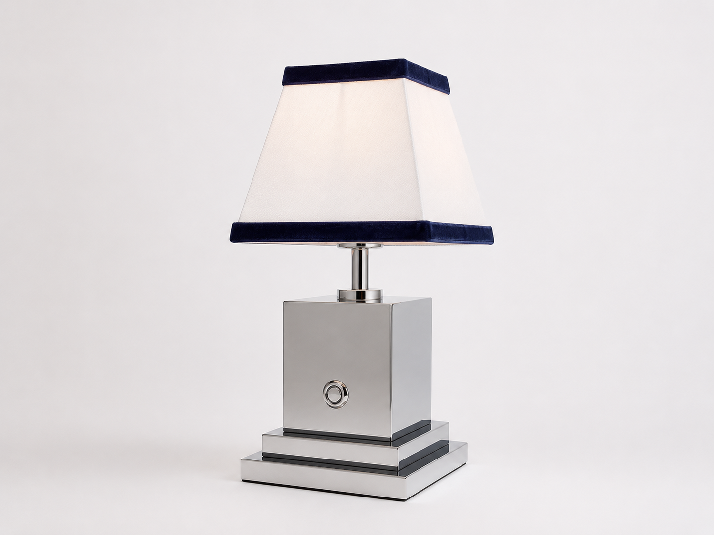 Chrome rechargeable table lamp with white linen and navy blue velvet shade