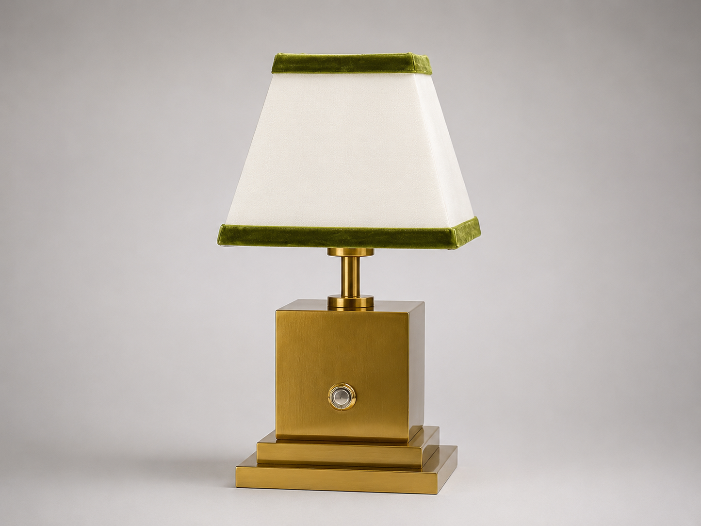 Brushed brass rechargeable table lamp with white linen and olive green velvet shade