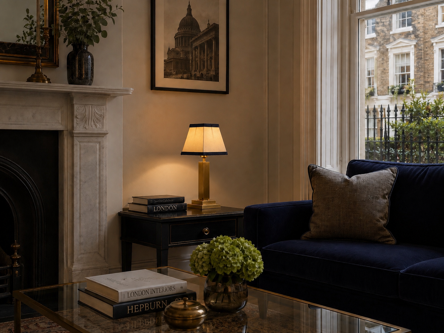 Trafalgar brass rechargeable lamp - Olive green velvet shade