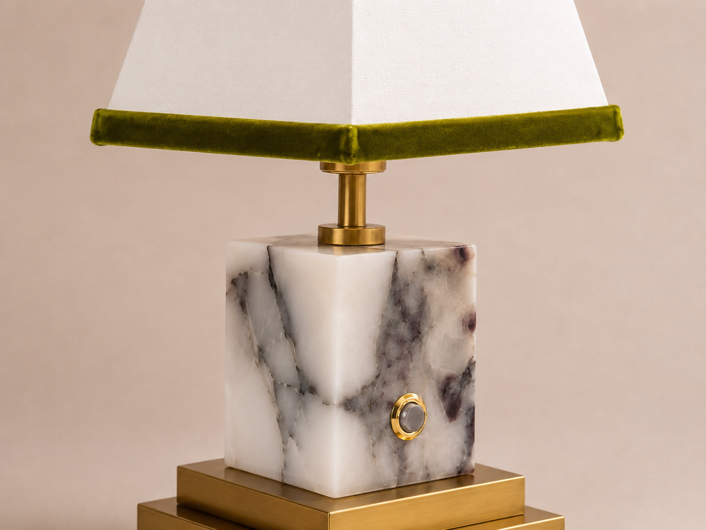 Arabascato marble and brushed brass rechargeable lamp with linen and olive green velvet shade