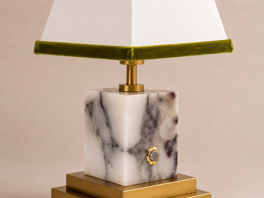 Arabascato marble and brushed brass rechargeable lamp with linen and olive green velvet shade