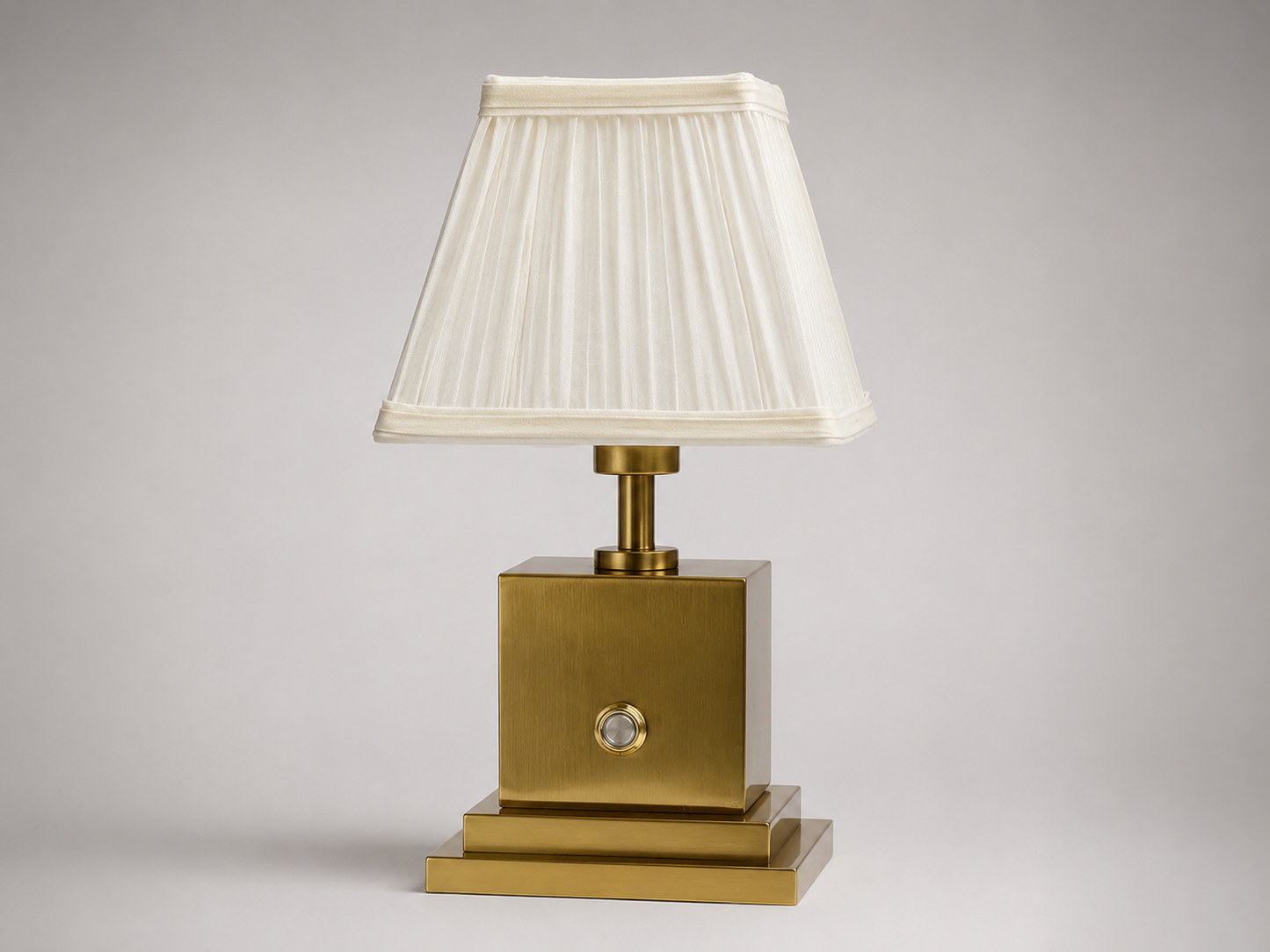 Brushed brass rechargeable table lamp with ivory pleated shade