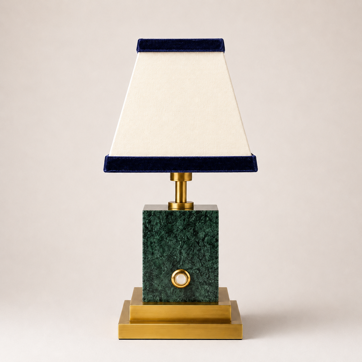 Green marble and brushed brass rechargeable lamp with linen and navy blue velvet shade