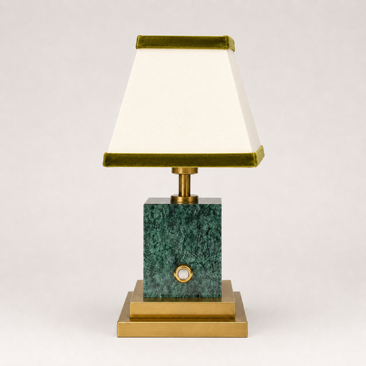 Green marble and brushed brass rechargeable lamp with linen and olive velvet shade