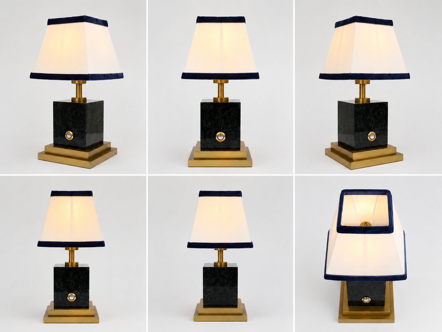Green marble and brushed brass rechargeable lamp with linen and navy blue velvet shade