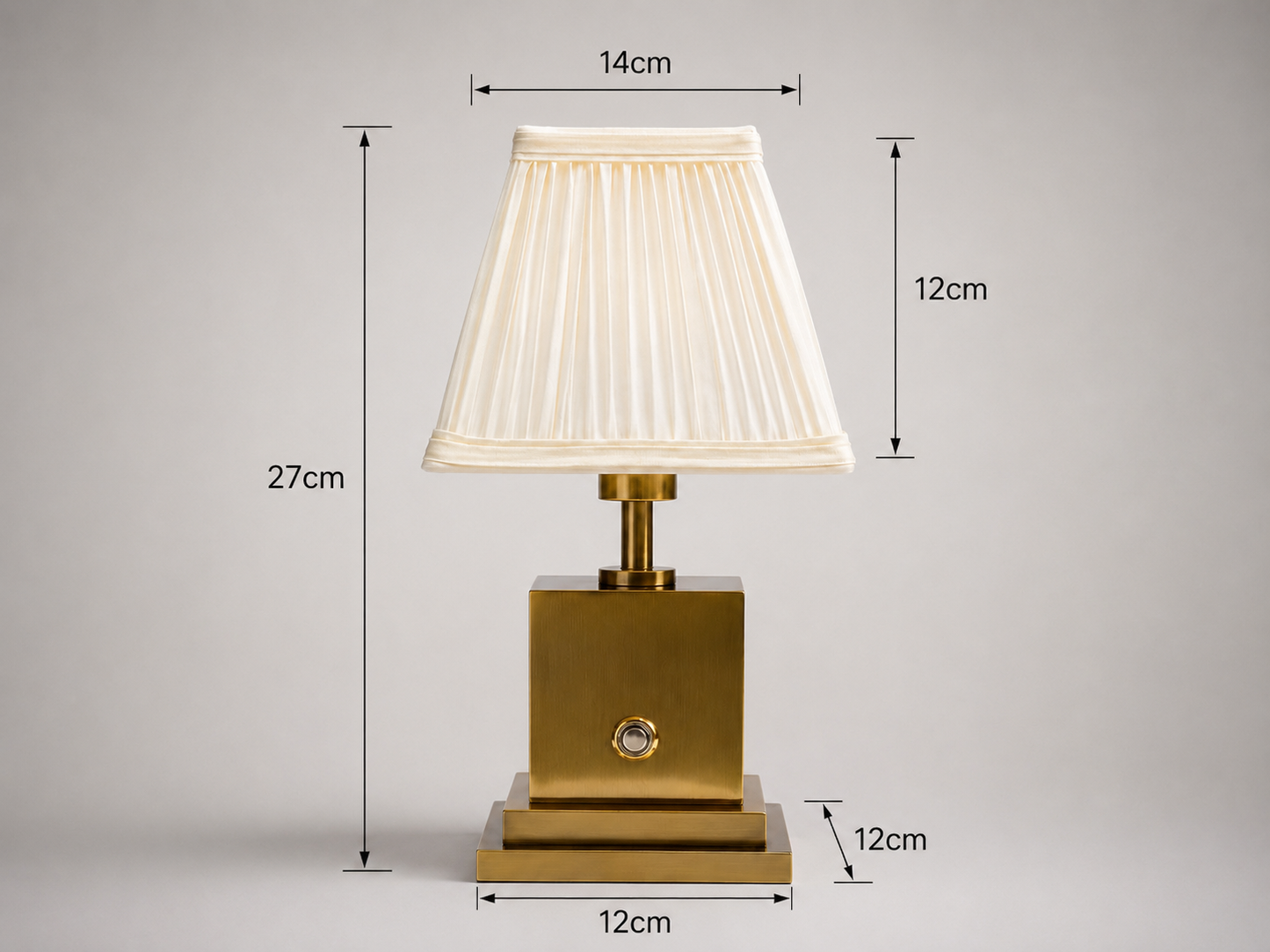 Brushed brass rechargeable table lamp with ivory pleated shade