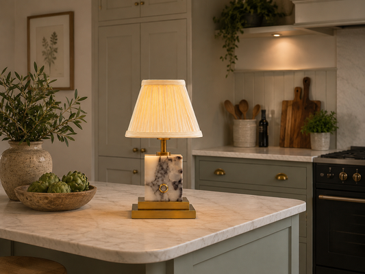 Arabascato marble and brushed brass rechargeable lamp with ivory pleated shade