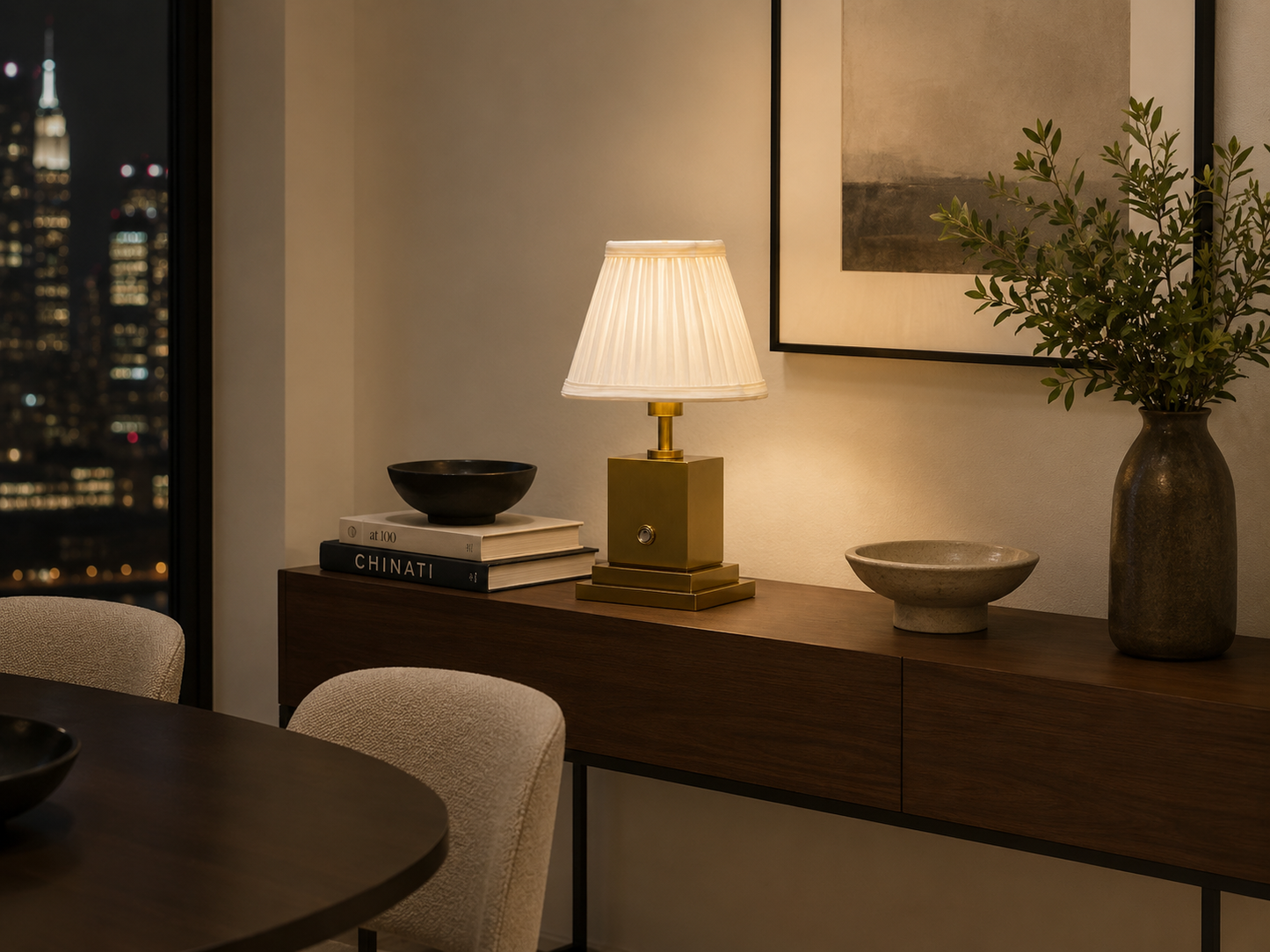 Brushed brass rechargeable table lamp with ivory pleated shade