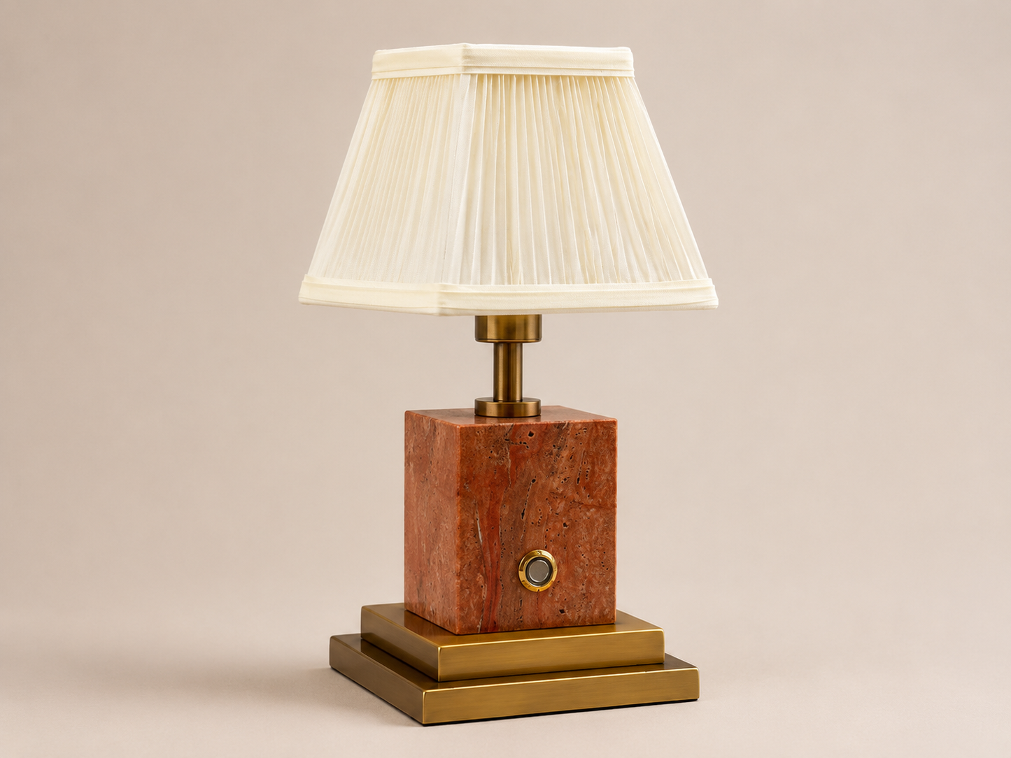 Red stone and brushed brass rechargeable lamp with ivory pleated shade