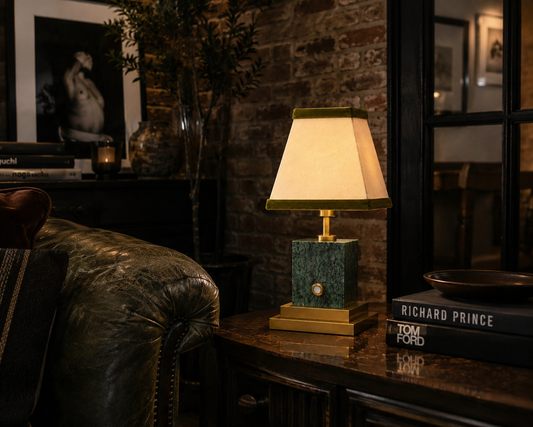 Green marble and brushed brass rechargeable lamp with linen and olive velvet shade