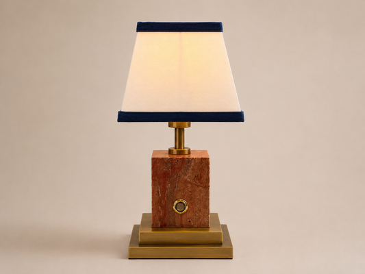 Red stone and brushed brass rechargeable lamp with linen and navy blue velvet shade