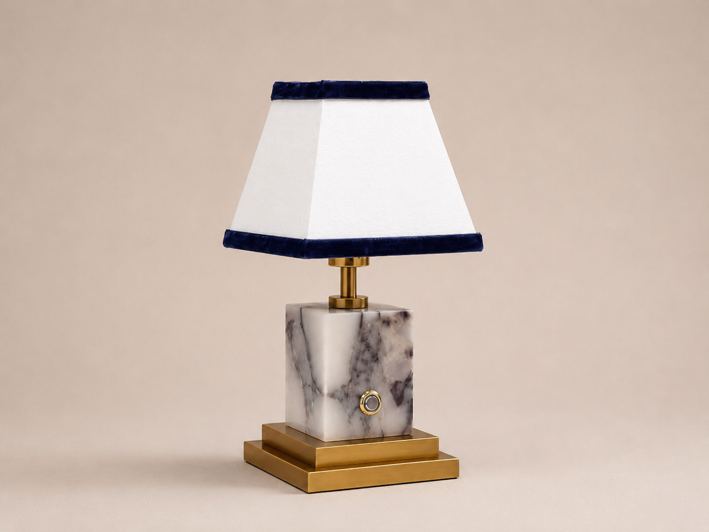 Arabascato marble and brushed brass rechargeable lamp with linen and navy blue velvet shade