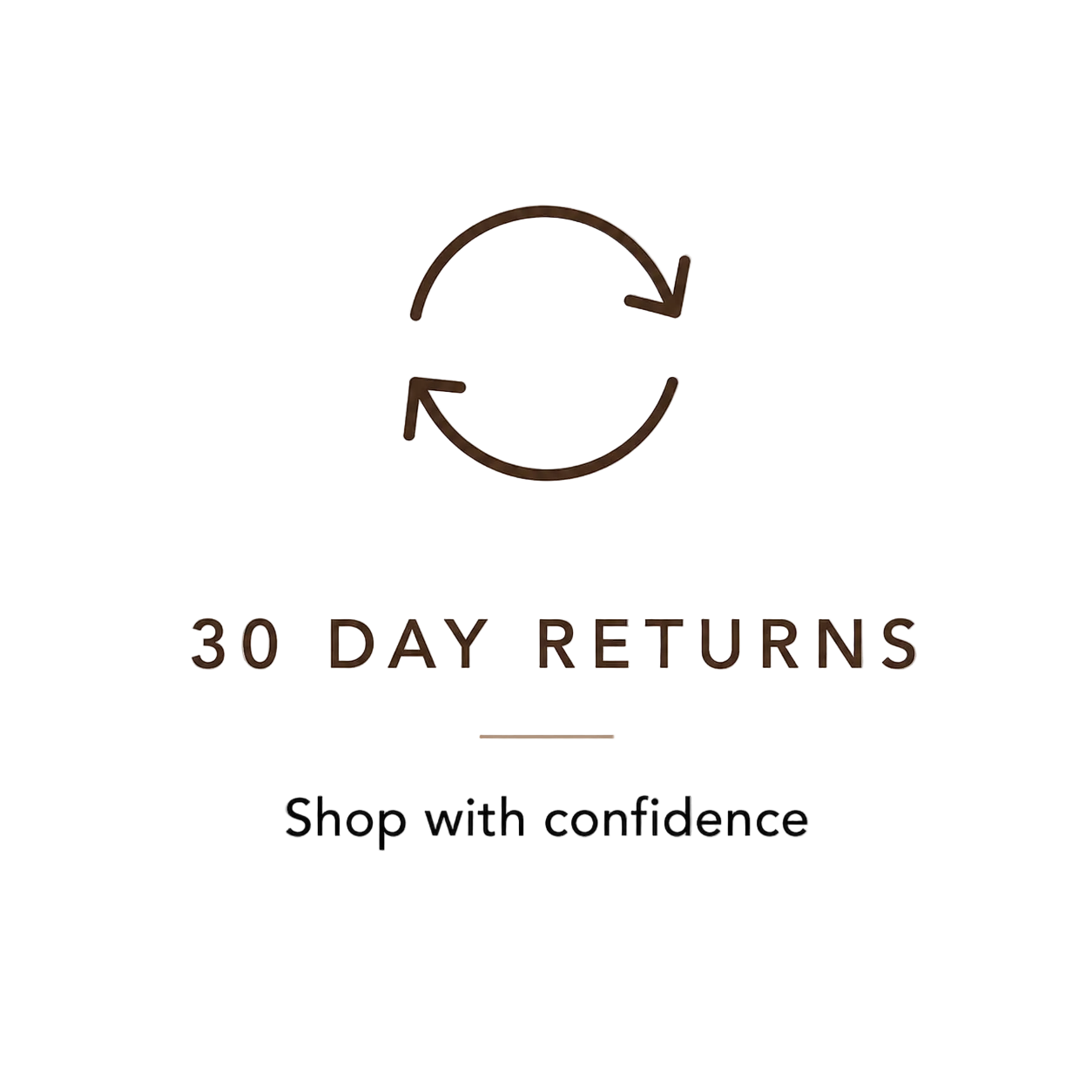 Text '30 Day Returns Shop with confidence' with a circular arrow icon on a beige background