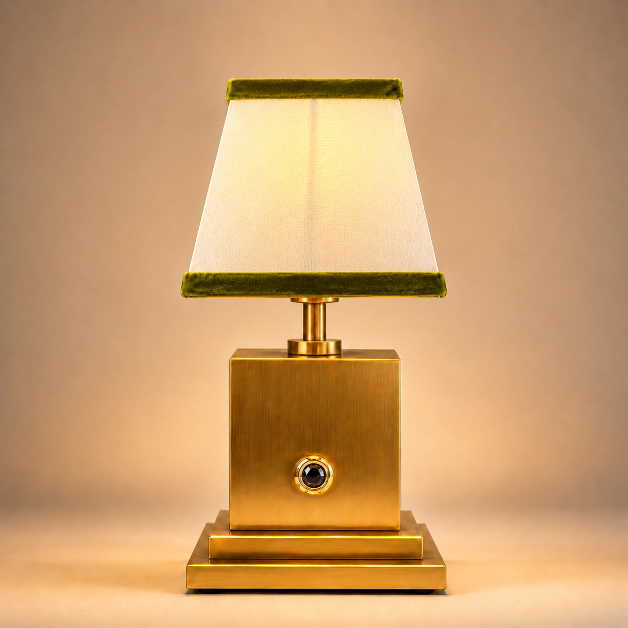 Brushed brass rechargeable table lamp with white linen and olive green velvet shade