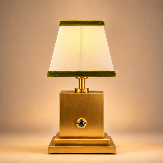 Brushed brass rechargeable table lamp with white linen and olive green velvet shade