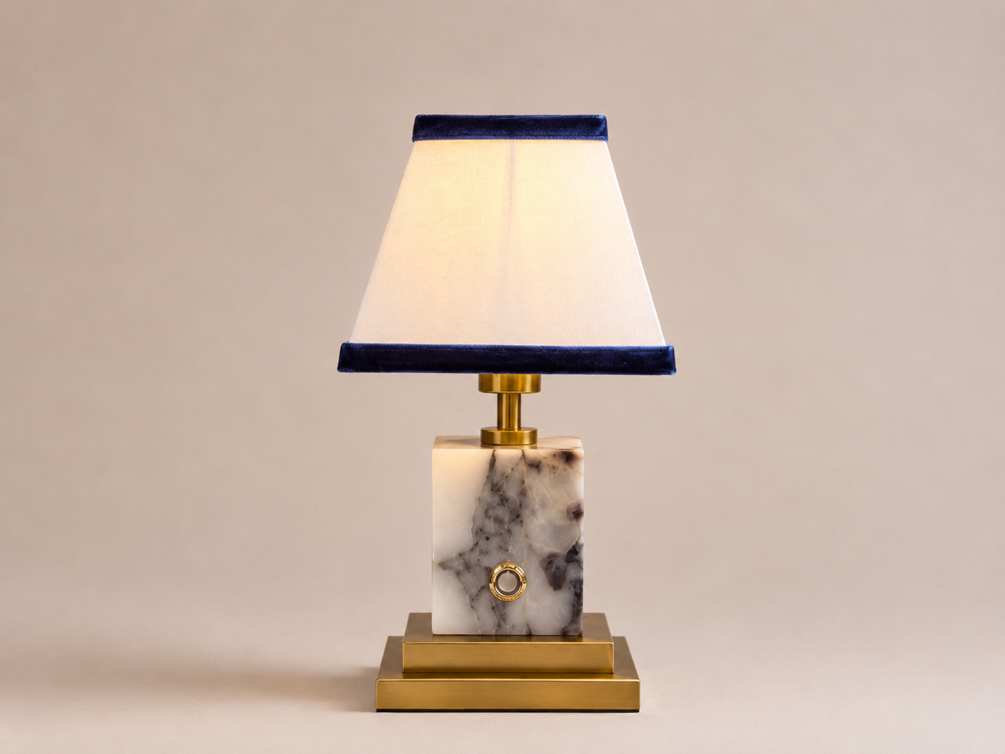 Arabascato marble and brushed brass rechargeable lamp with linen and navy blue velvet shade