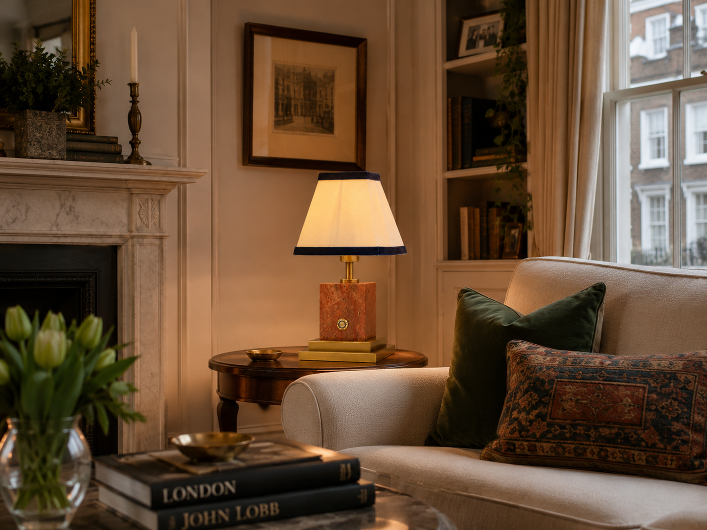 Red stone and brushed brass rechargeable lamp with linen and navy blue velvet shade