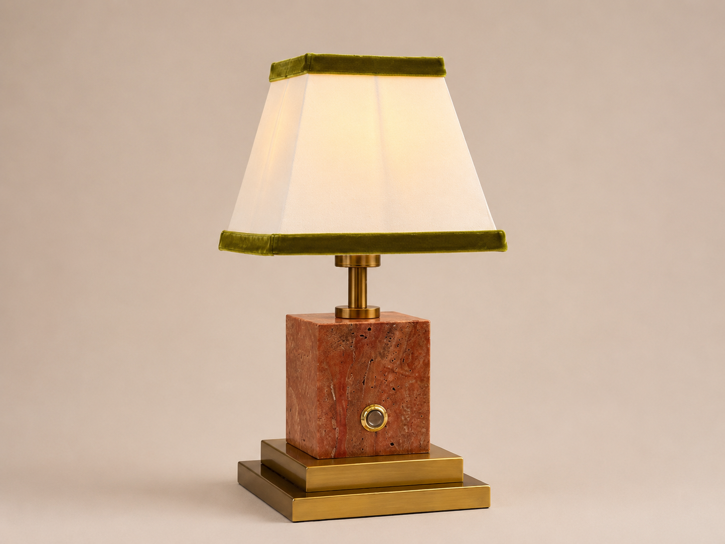 Red stone and brushed brass rechargeable lamp with linen and olive green velvet shade