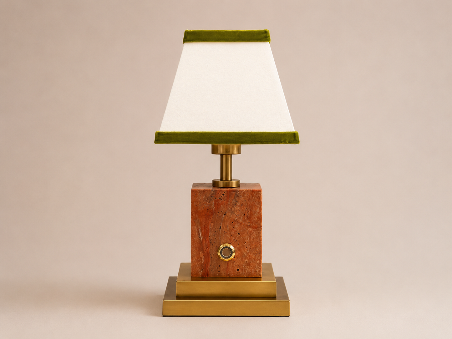 Red stone and brushed brass rechargeable lamp with linen and olive green velvet shade