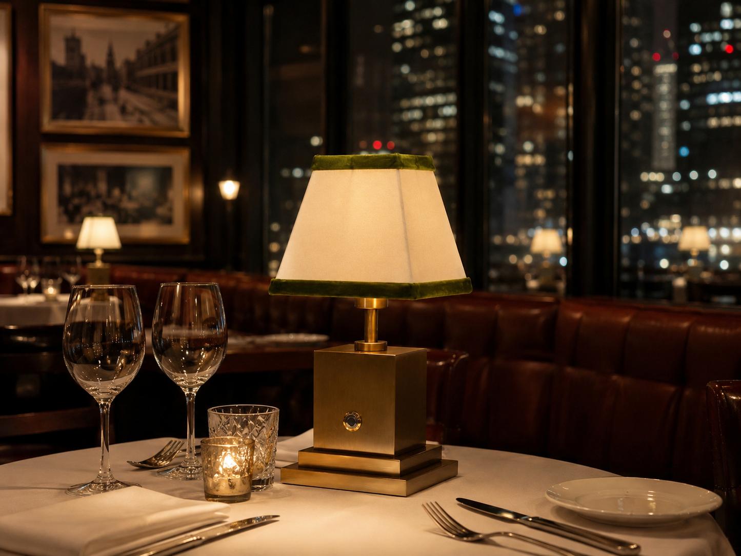 Brushed brass rechargeable table lamp with white linen and olive green velvet shade