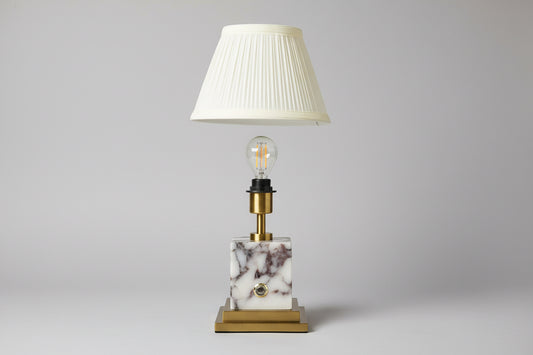 Arabascato marble and brushed brass rechargeable lamp with ivory pleated shade