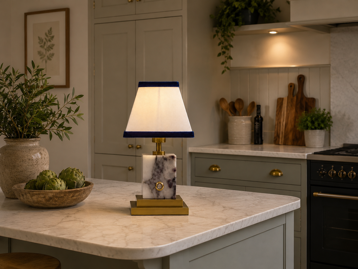 Kitchen counter with a marble rechargeable cordless lamp