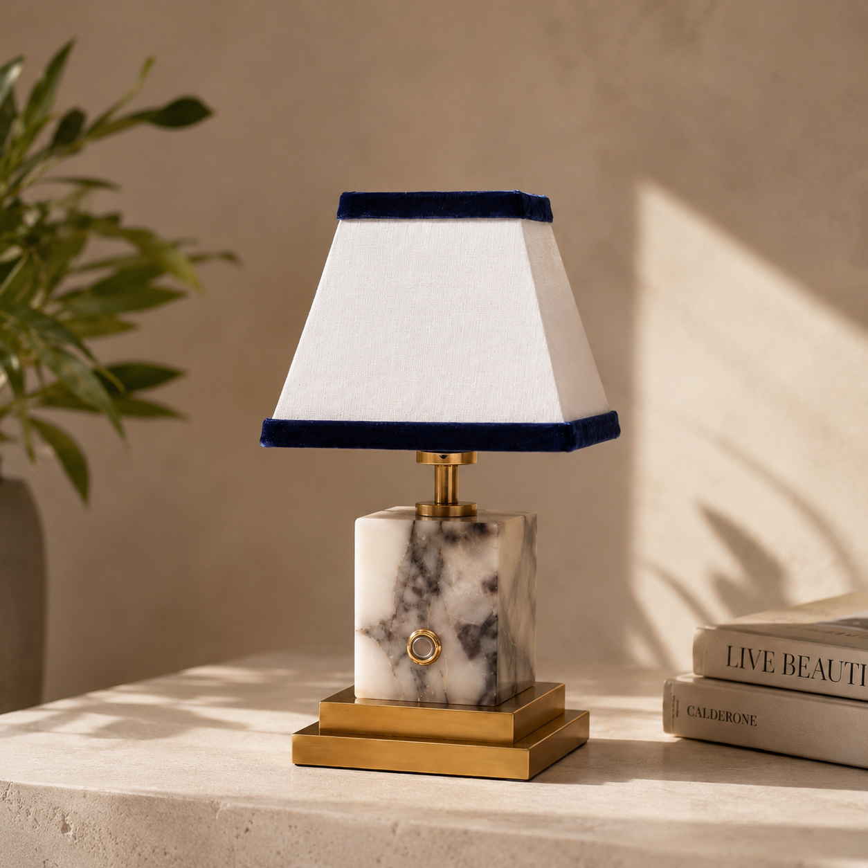 Table lamp with marble base and white shade on a surface with books and a plant in the background.